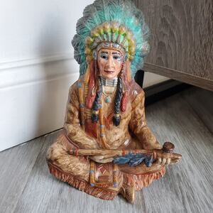 Signed Vintage 1991 Native American Indian Chief Ceramic Sculpture Figurine